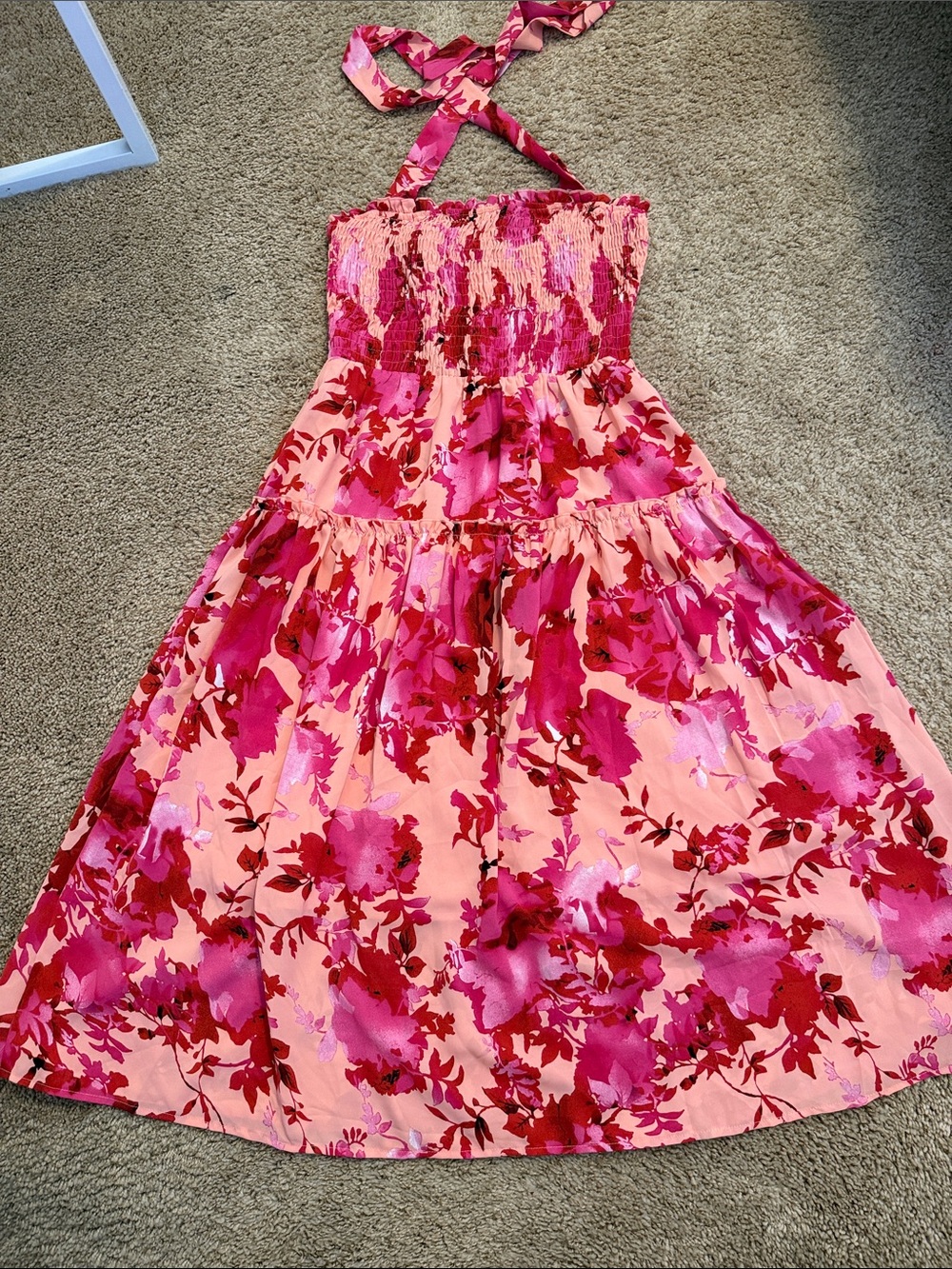 Pink Floral Halter Maxi Dress with Smocked Bodice